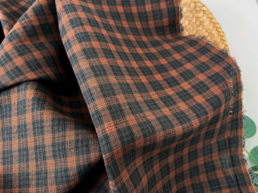 Linen Cotton Tencel Blend Fabric | Brown Madras Plaid | Lightweight and Natural Soft Touch 8359