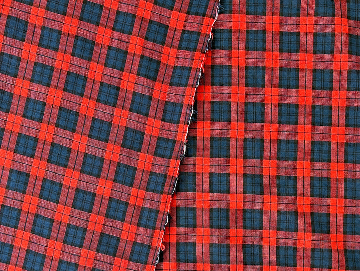 Linen Cotton Tencel Blend Fabric | Navy & Red Madras Plaid | Lightweight and Soft Touch 8363