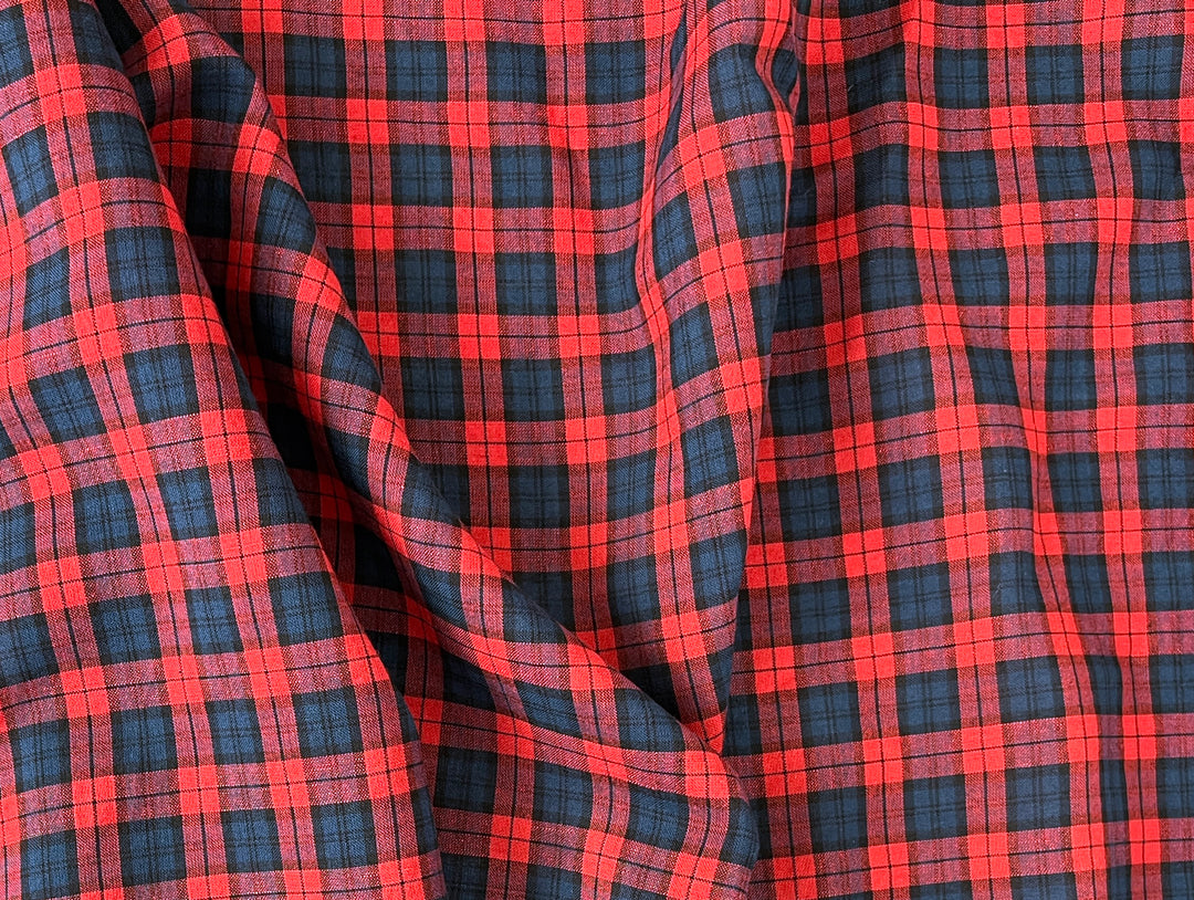 Linen Cotton Tencel Blend Fabric | Navy & Red Madras Plaid | Lightweight and Soft Touch 8363