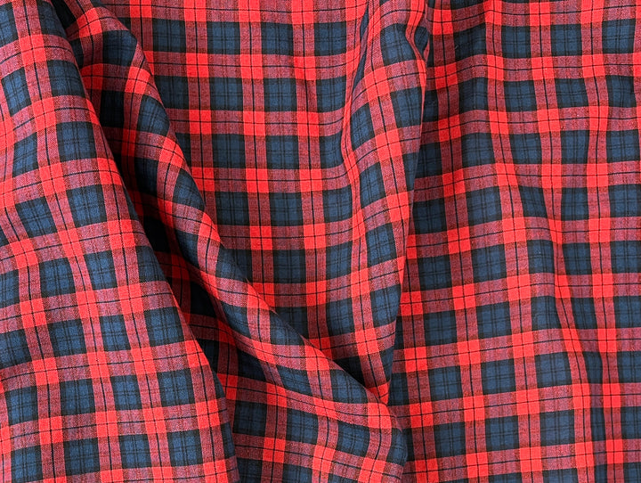Linen Cotton Tencel Blend Fabric | Navy & Red Madras Plaid | Lightweight and Soft Touch 8363