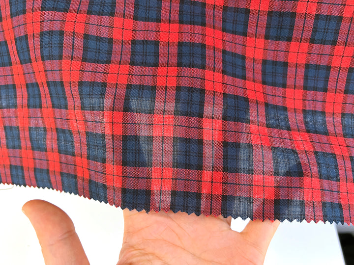 Linen Cotton Tencel Blend Fabric | Navy & Red Madras Plaid | Lightweight and Soft Touch 8363