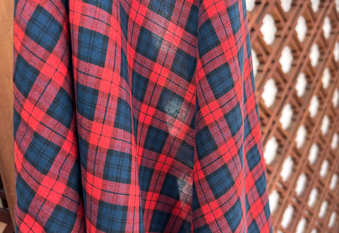 Linen Cotton Tencel Blend Fabric | Navy & Red Madras Plaid | Lightweight and Soft Touch 8363