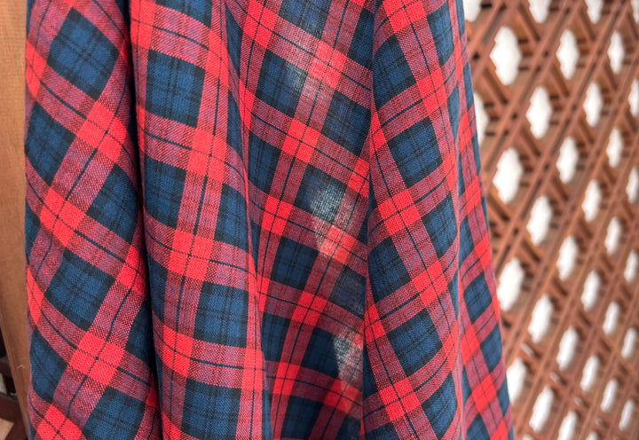 Linen Cotton Tencel Blend Fabric | Navy & Red Madras Plaid | Lightweight and Soft Touch 8363
