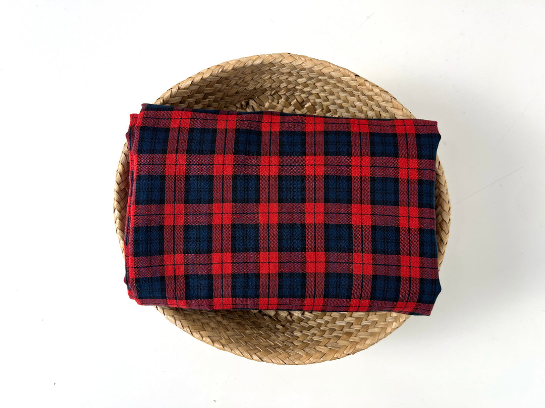 Linen Cotton Tencel Blend Fabric | Navy & Red Madras Plaid | Lightweight and Soft Touch 8363