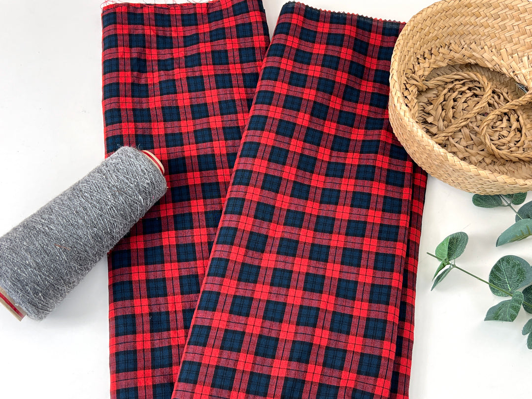 Linen Cotton Tencel Blend Fabric | Navy & Red Madras Plaid | Lightweight and Soft Touch 8363