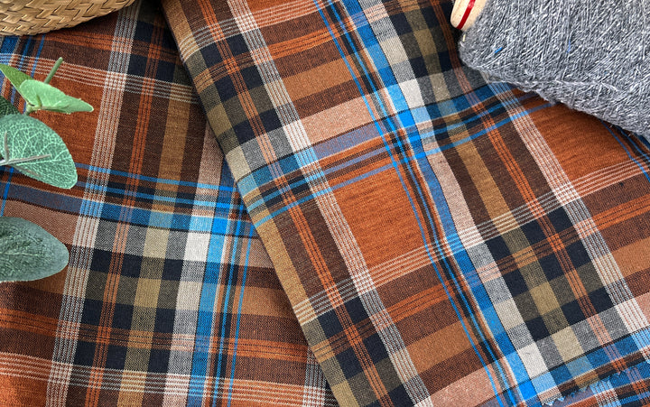 Rust & Amber Plaid Linen Cotton Tencel Fabric | Lightweight | 54" 8357