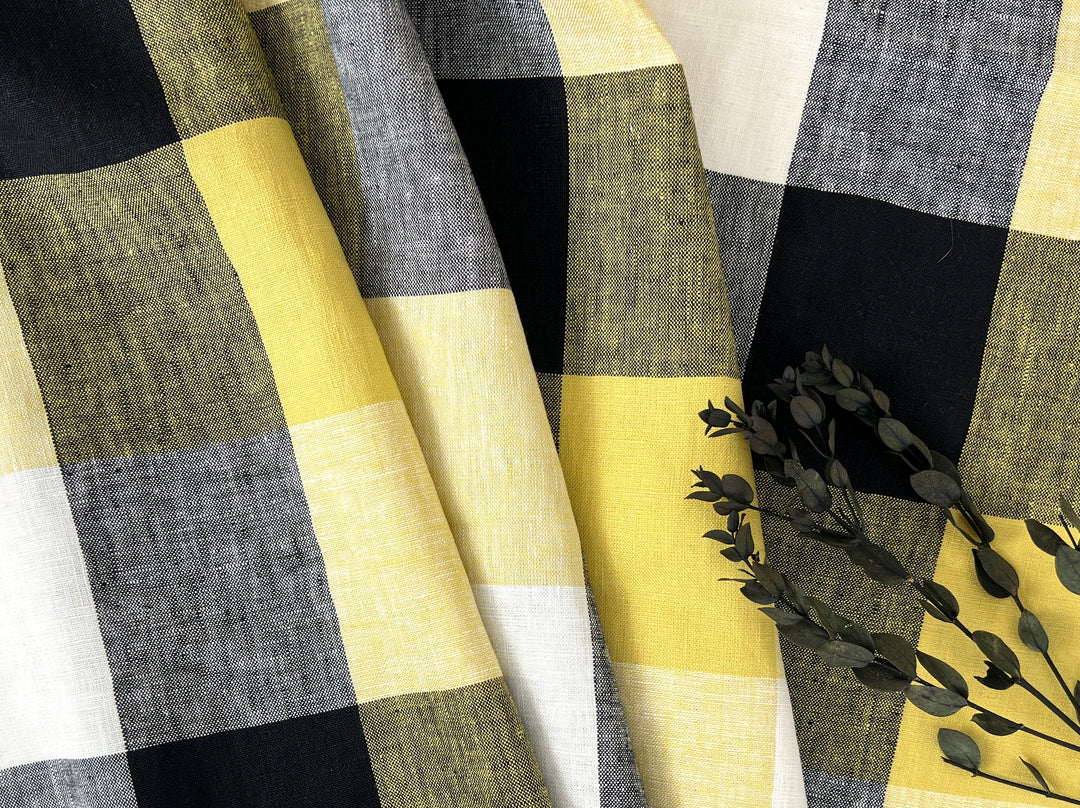 Linen Fabric Yellow Big Gingham Check 4533