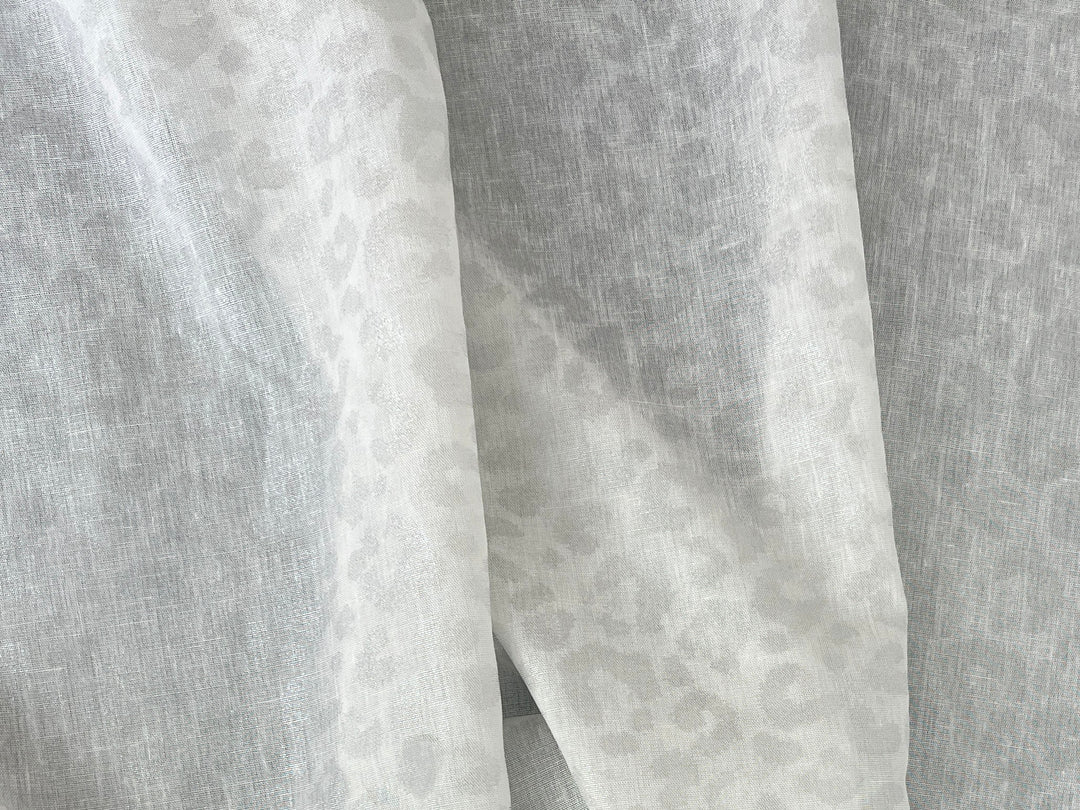 Linen Rayon Blend Fabric | Double-Sided Silver Foil Leopard Print | Lightweight White 8394