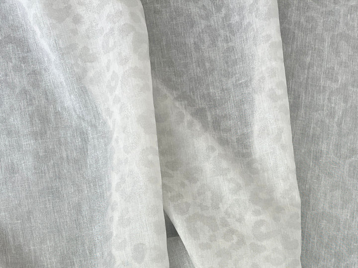 Linen Rayon Blend Fabric | Double-Sided Silver Foil Leopard Print | Lightweight White 8394