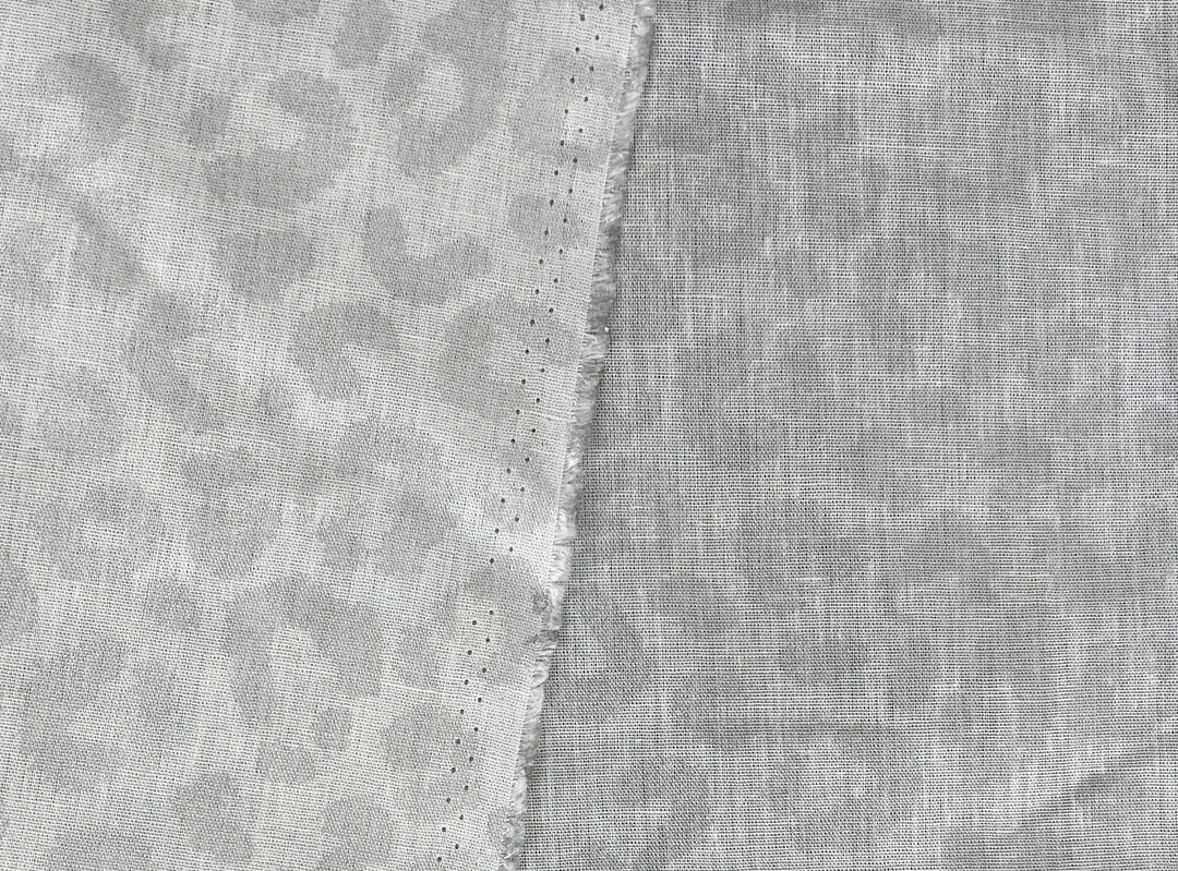 Linen Rayon Blend Fabric | Double-Sided Silver Foil Leopard Print | Lightweight White 8394
