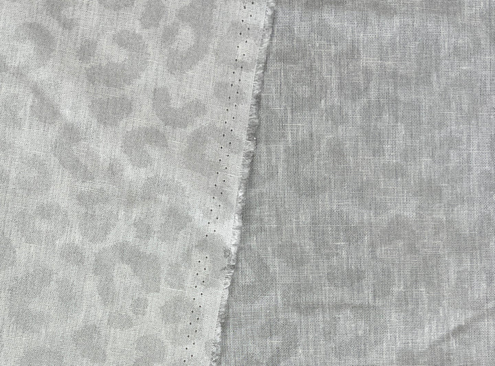 Linen Rayon Blend Fabric | Double-Sided Silver Foil Leopard Print | Lightweight White 8394