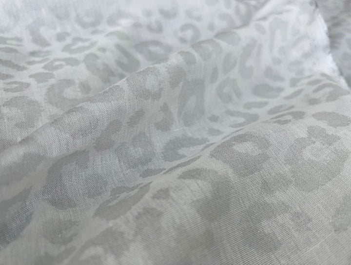 Linen Rayon Blend Fabric | Double-Sided Silver Foil Leopard Print | Lightweight White 8394
