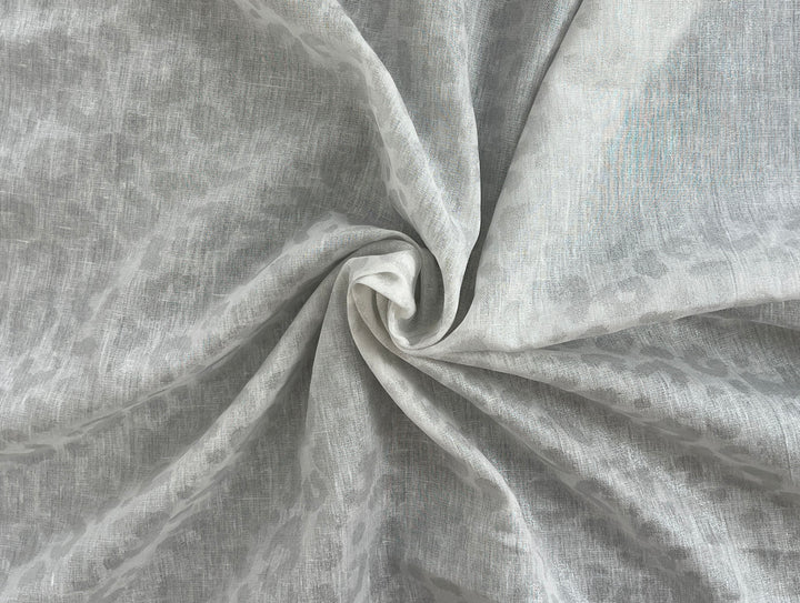 Linen Rayon Blend Fabric | Double-Sided Silver Foil Leopard Print | Lightweight White 8394