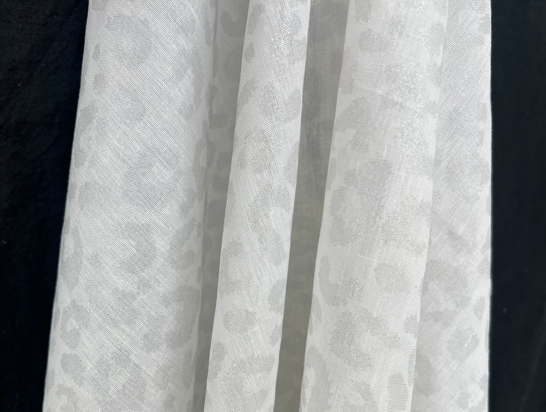 Linen Rayon Blend Fabric | Double-Sided Silver Foil Leopard Print | Lightweight White 8394