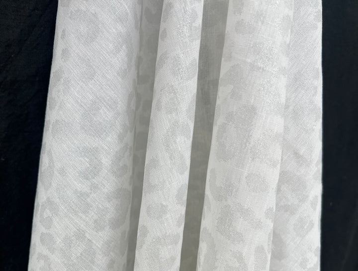 Linen Rayon Blend Fabric | Double-Sided Silver Foil Leopard Print | Lightweight White 8394