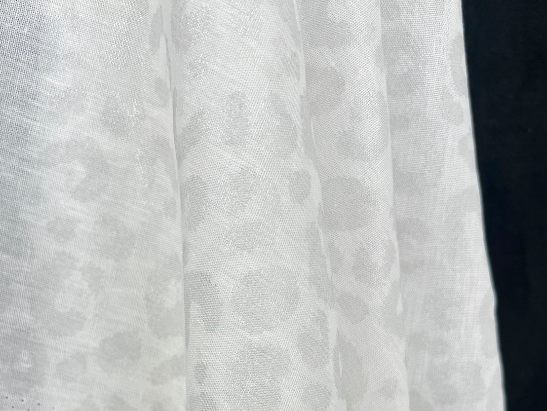 Linen Rayon Blend Fabric | Double-Sided Silver Foil Leopard Print | Lightweight White 8394