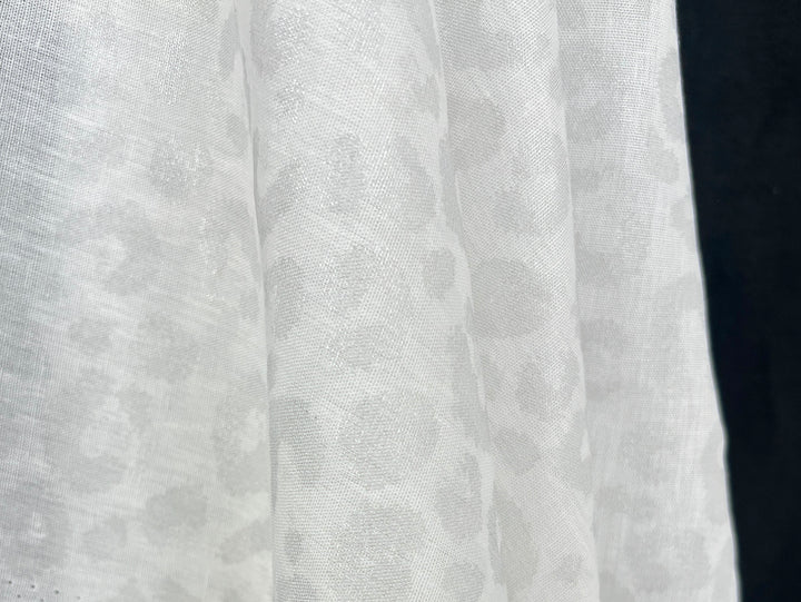Linen Rayon Blend Fabric | Double-Sided Silver Foil Leopard Print | Lightweight White 8394