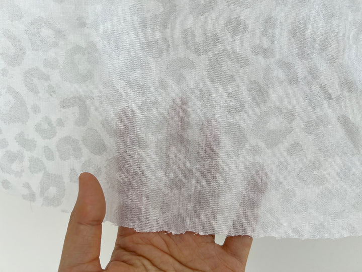 Linen Rayon Blend Fabric | Double-Sided Silver Foil Leopard Print | Lightweight White 8394