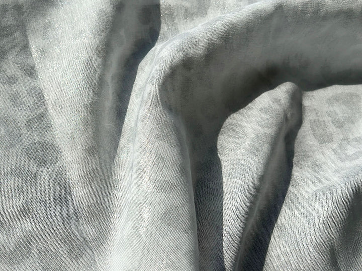 Linen Rayon Blend Fabric | Double-Sided Silver Foil Leopard Print | Lightweight White 8394