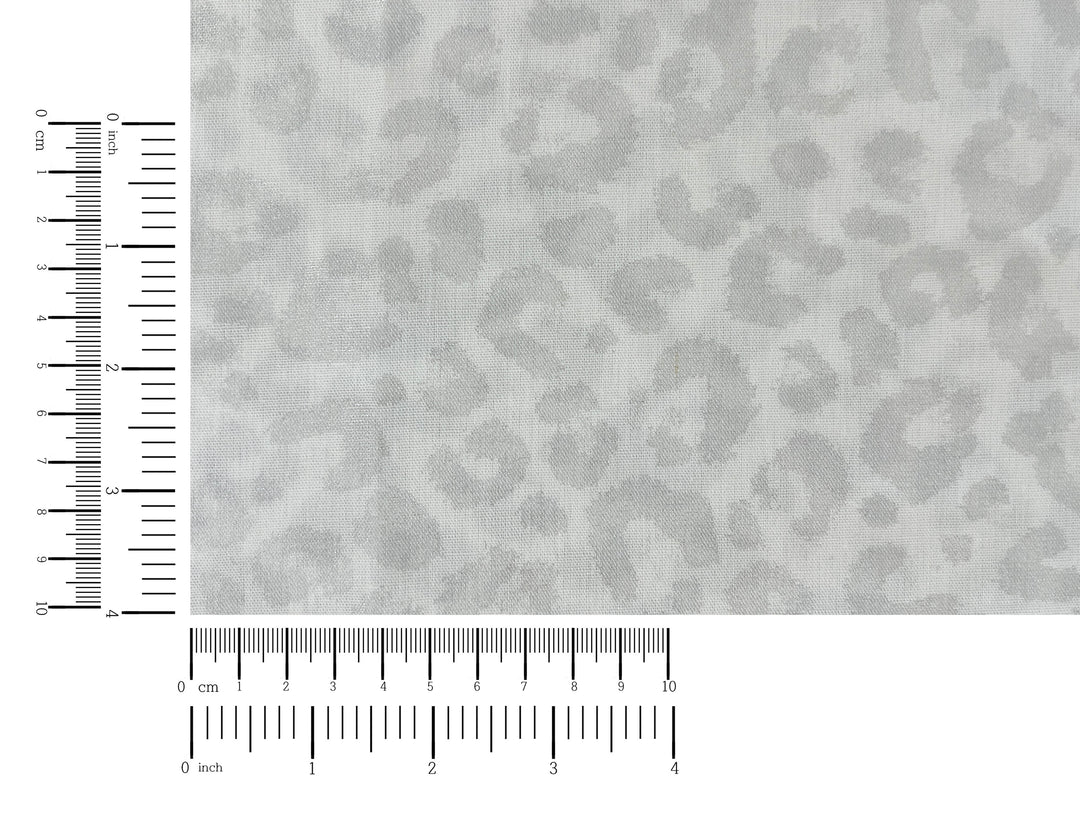 Linen Rayon Blend Fabric | Double-Sided Silver Foil Leopard Print | Lightweight White 8394