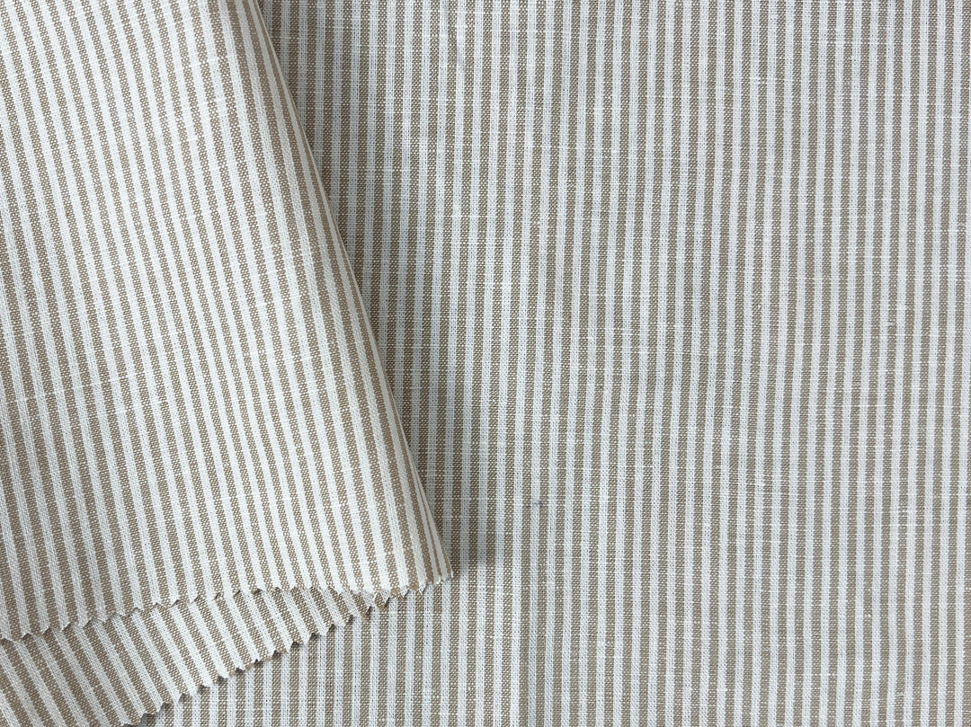 Linen Cotton Blend Fabric – Classic Beige Hickory Stripe 8401