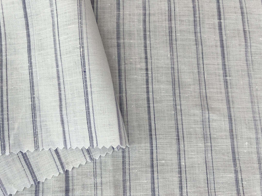 100% Linen Ticking Stripe Fabric | Bluish-Violet & Off-White | Light Weight 8399