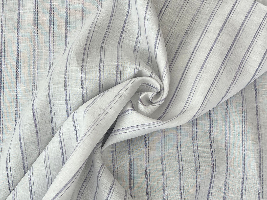 100% Linen Ticking Stripe Fabric | Bluish-Violet & Off-White | Light Weight 8399