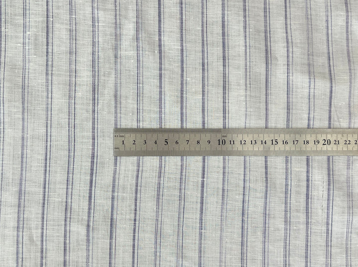 100% Linen Ticking Stripe Fabric | Bluish-Violet & Off-White | Light Weight 8399
