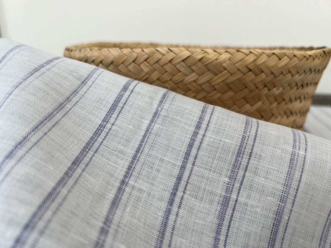 100% Linen Ticking Stripe Fabric | Bluish-Violet & Off-White | Light Weight 8399