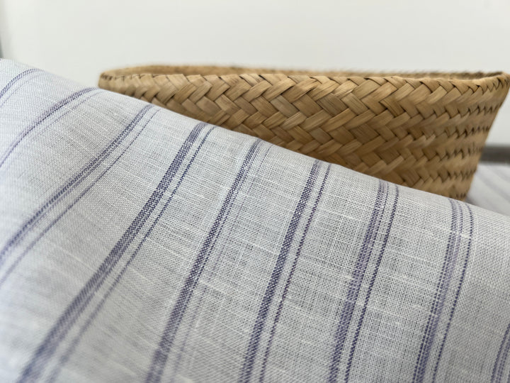 100% Linen Ticking Stripe Fabric | Bluish-Violet & Off-White | Light Weight 8399
