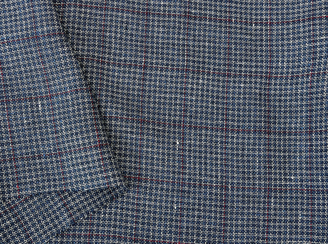 Indigo Micro-Check Windowpane Linen Rayon Fabric | Dobby Tweed Weave | Medium Weight 4713