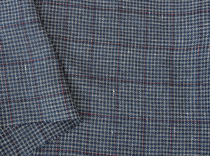 Indigo Micro-Check Windowpane Linen Rayon Fabric | Dobby Tweed Weave | Medium Weight 4713