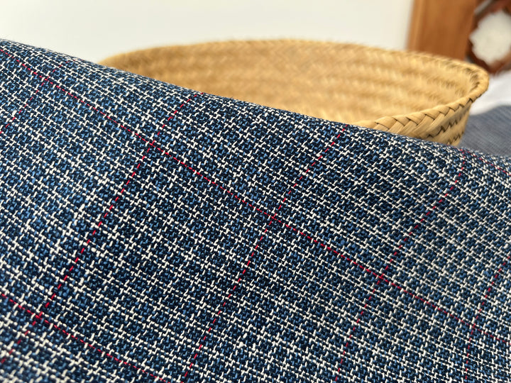 Indigo Micro-Check Windowpane Linen Rayon Fabric | Dobby Tweed Weave | Medium Weight 4713