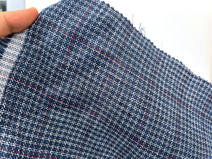 Indigo Micro-Check Windowpane Linen Rayon Fabric | Dobby Tweed Weave | Medium Weight 4713