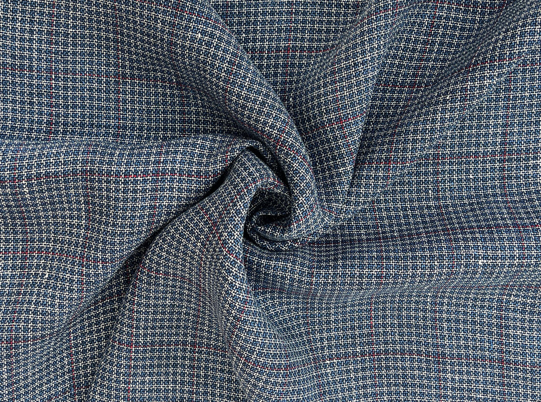Indigo Micro-Check Windowpane Linen Rayon Fabric | Dobby Tweed Weave | Medium Weight 4713