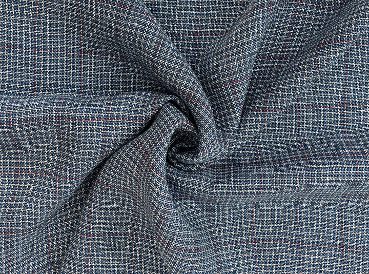 Indigo Micro-Check Windowpane Linen Rayon Fabric | Dobby Tweed Weave | Medium Weight 4713