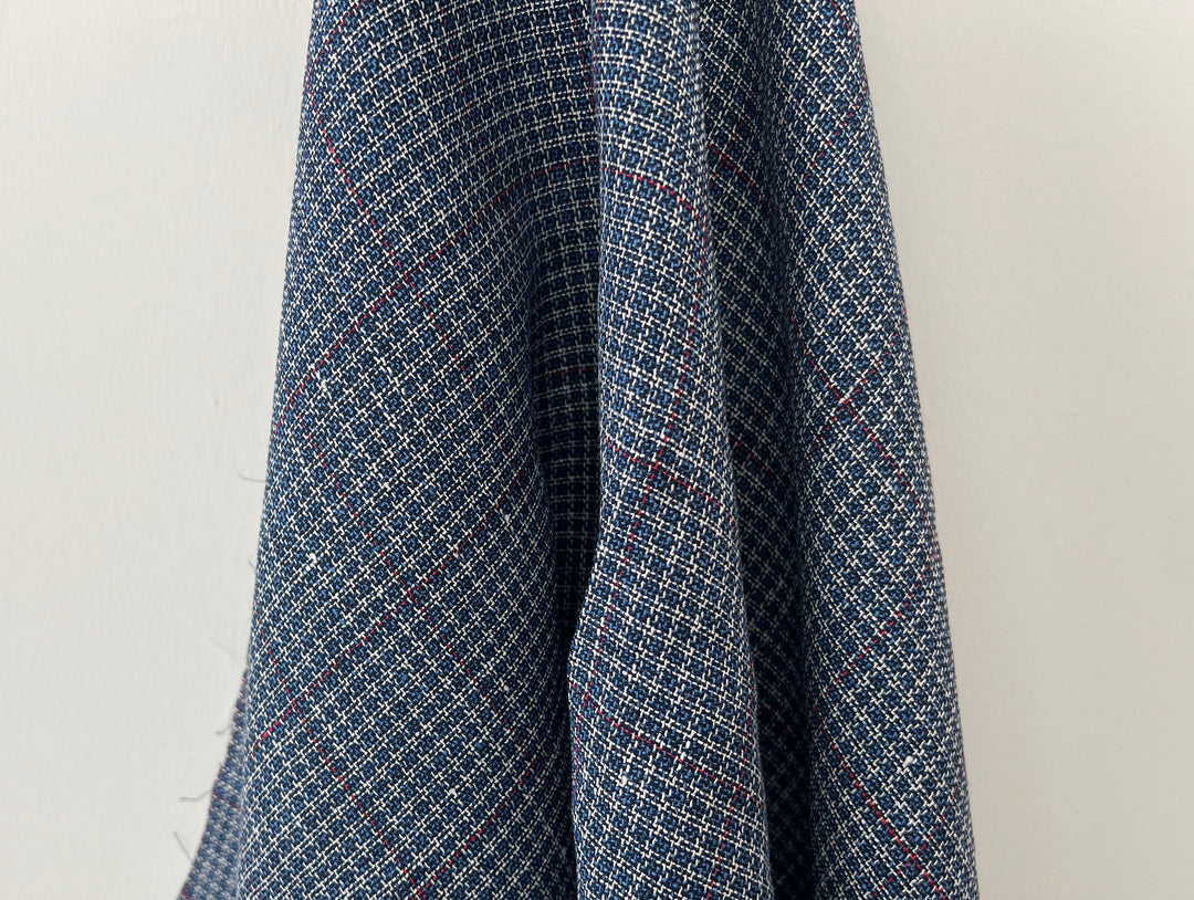 Indigo Micro-Check Windowpane Linen Rayon Fabric | Dobby Tweed Weave | Medium Weight 4713