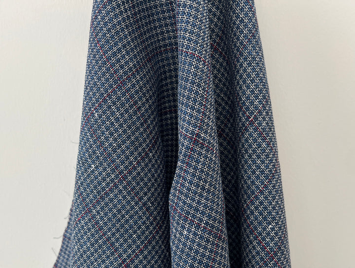 Indigo Micro-Check Windowpane Linen Rayon Fabric | Dobby Tweed Weave | Medium Weight 4713