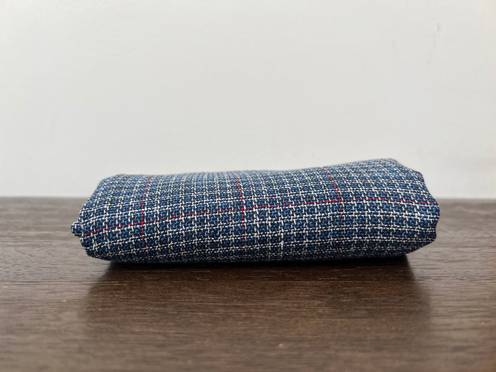 Indigo Micro-Check Windowpane Linen Rayon Fabric | Dobby Tweed Weave | Medium Weight 4713
