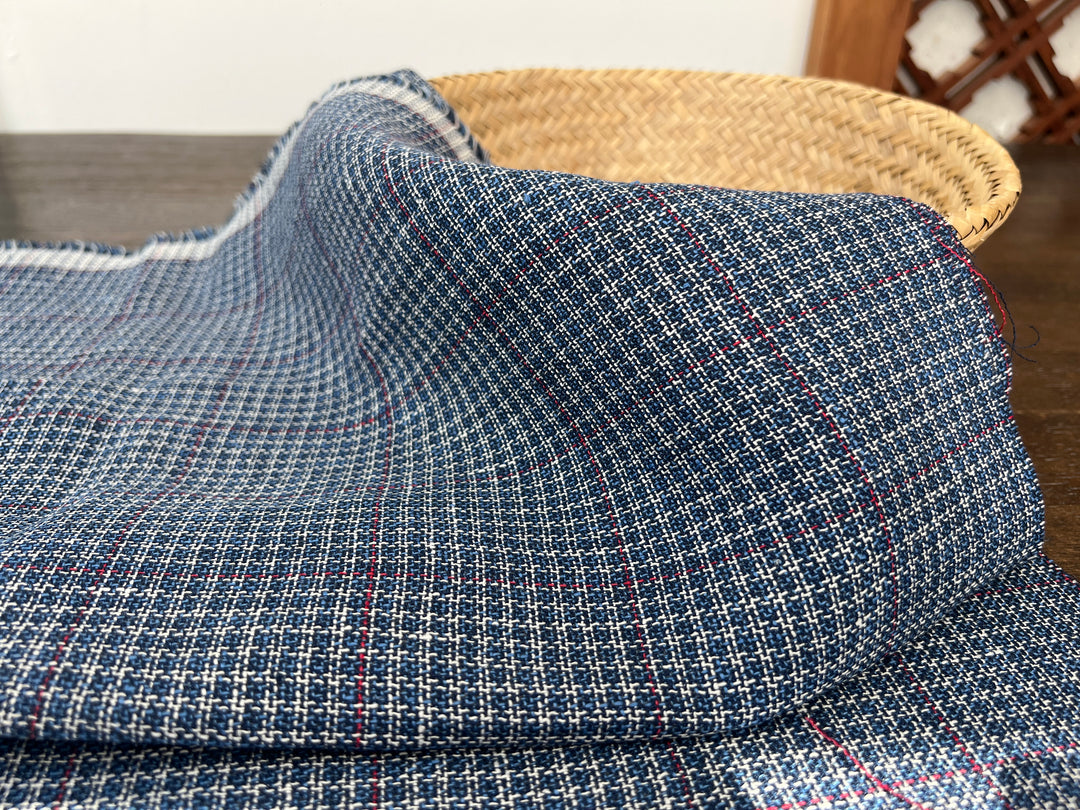 Indigo Micro-Check Windowpane Linen Rayon Fabric | Dobby Tweed Weave | Medium Weight 4713