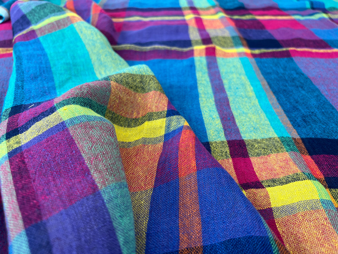 Linen Blend Madras Plaid Fabric | Natural Wrinkle & Subtle Stretch 8130