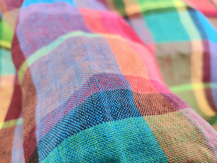 100% Linen Vibrant Multicolor Madras Plaid Fabric 8435 | Medium - Light Weight | Pre-Washed Soft Finish