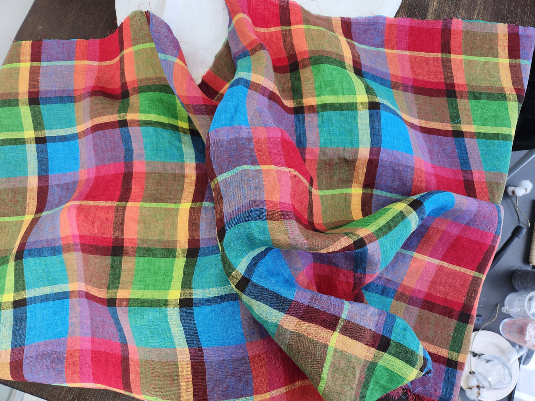 100% Linen Vibrant Multicolor Madras Plaid Fabric 8435 | Medium - Light Weight | Pre-Washed Soft Finish