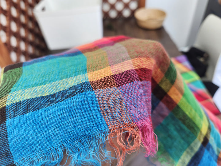 100% Linen Vibrant Multicolor Madras Plaid Fabric 8435 | Medium - Light Weight | Pre-Washed Soft Finish