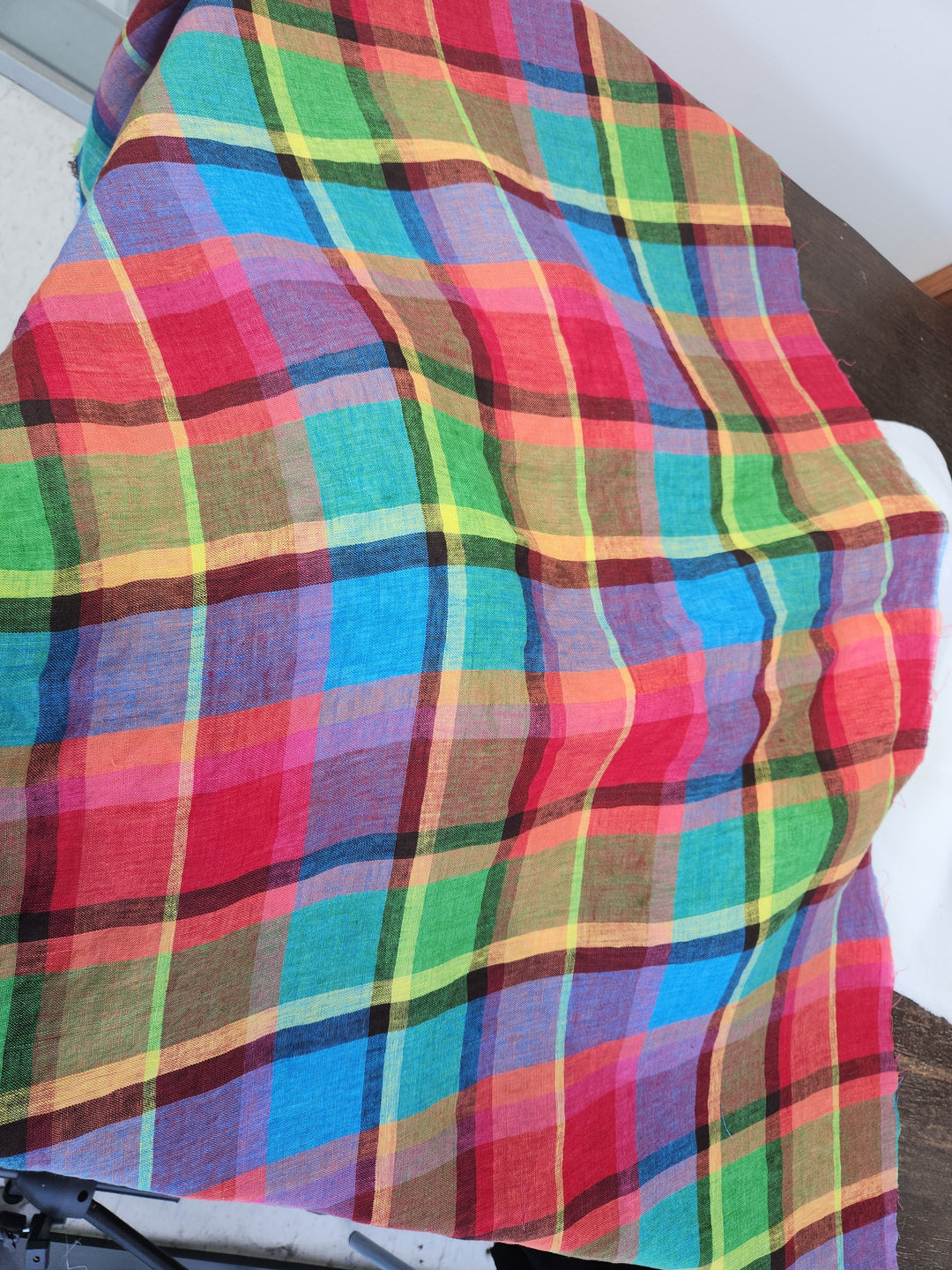 100% Linen Vibrant Multicolor Madras Plaid Fabric 8435 | Medium - Light Weight | Pre-Washed Soft Finish