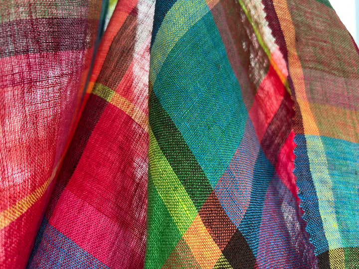 100% Linen Vibrant Multicolor Madras Plaid Fabric 8435 | Medium - Light Weight | Pre-Washed Soft Finish