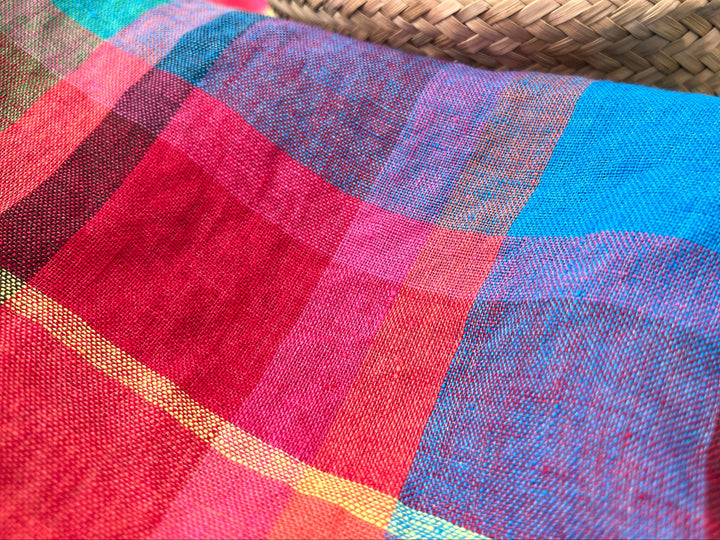 100% Linen Vibrant Multicolor Madras Plaid Fabric 8435 | Medium - Light Weight | Pre-Washed Soft Finish