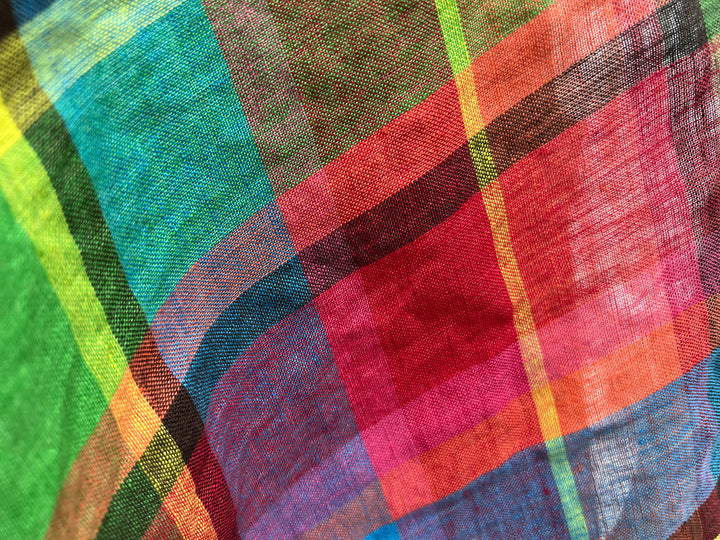 100% Linen Vibrant Multicolor Madras Plaid Fabric 8435 | Medium - Light Weight | Pre-Washed Soft Finish