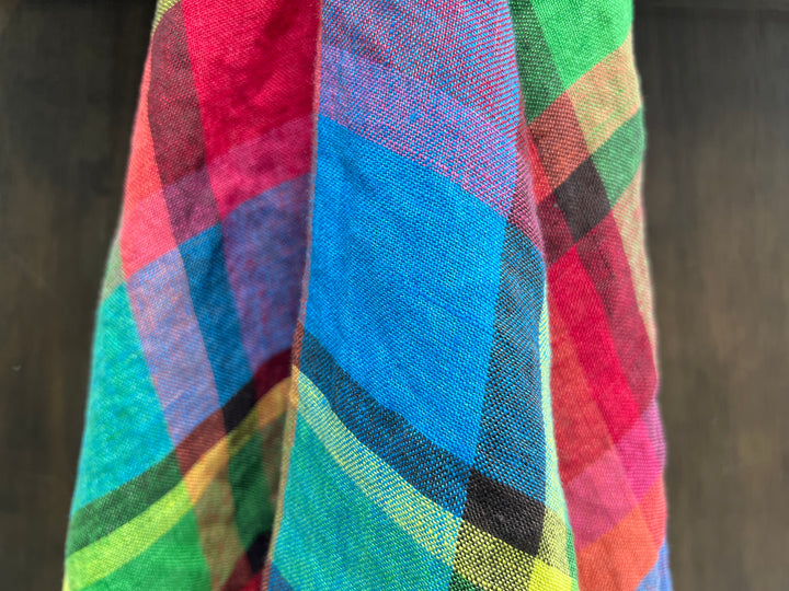 100% Linen Vibrant Multicolor Madras Plaid Fabric 8435 | Medium - Light Weight | Pre-Washed Soft Finish
