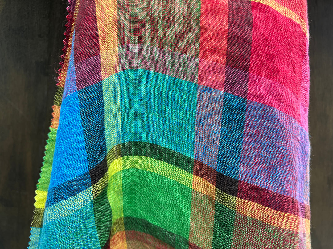 100% Linen Vibrant Multicolor Madras Plaid Fabric 8435 | Medium - Light Weight | Pre-Washed Soft Finish